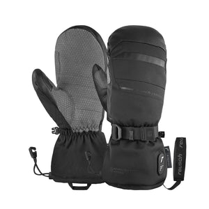 Left and right Reusch Advanced Heat R-TEX® XT Black Mittens shown with palm and back views, highlighting different materials and design.