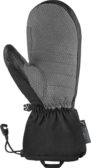 View of the Reusch Advanced Heat R-TEX® XT Black Mitten from the palm side, featuring goatskin leather for textured grip.